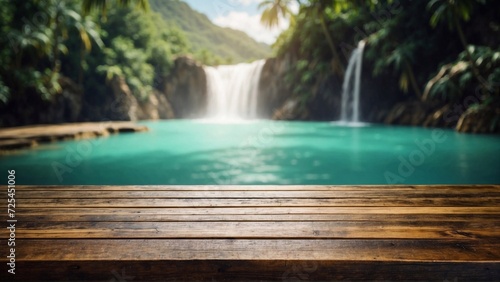 wooden table top on tropical waterfall background with copy space, perfect for product placement or advertising banner