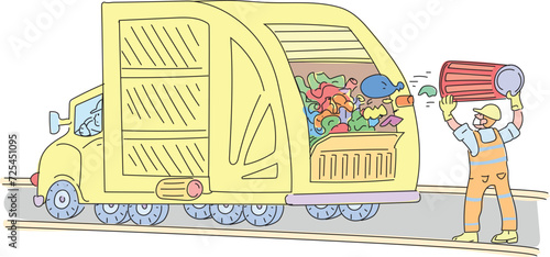 The garbage man unloads the garbage into the garbage truck.