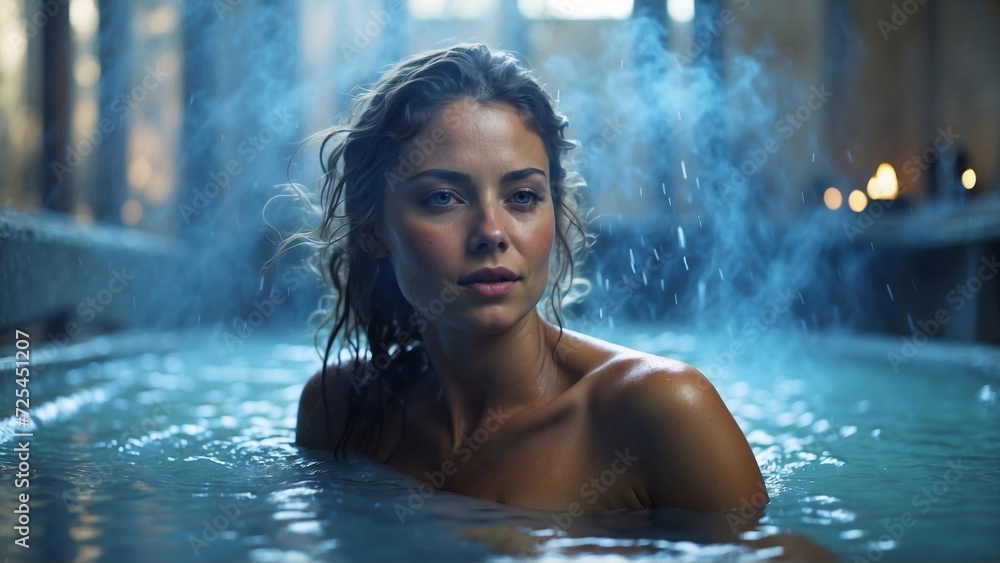 woman in natural thermal waters on blue backdrop, spa procedures and restoration concept