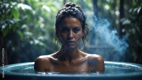 woman enjoys a natural thermal waters bath on nature backdrop, spa procedures and restoration concept