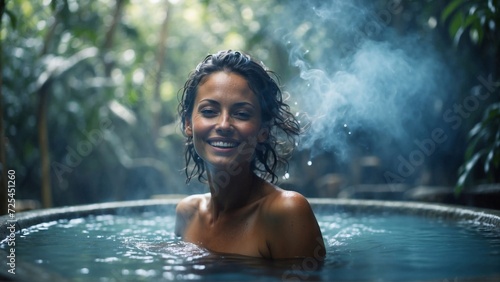 young woman relax in natural thermal waters bath on green forest background