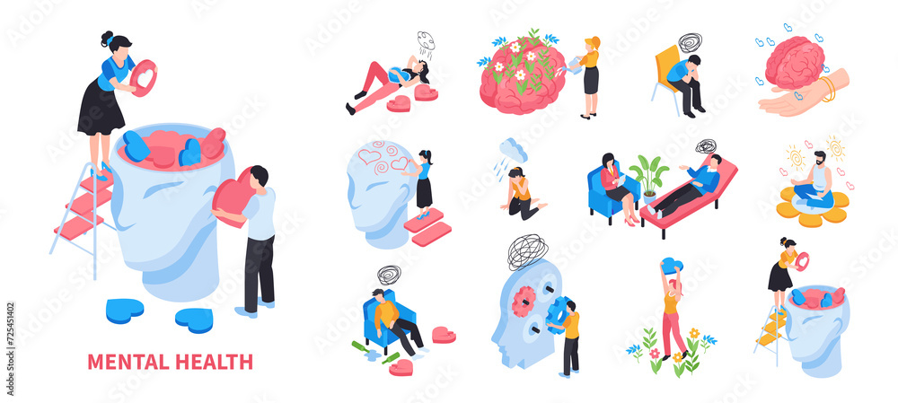 Mental health icons in isometric view