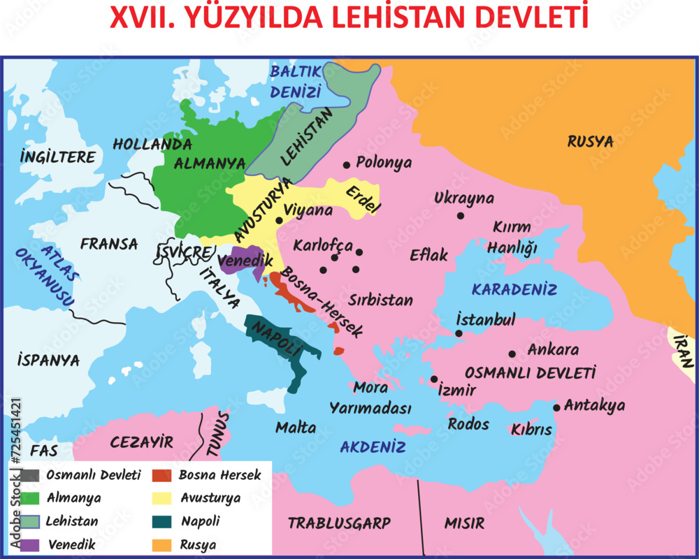 Naklejka premium XVII. Polish state in the century. Translate: Ottoman state, Bosnia and Herzegovina, Germany, Austria, Poland, Naples, Venice, Russia...