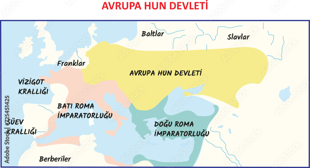 Turkish history, European Hun state map drawing. Translate: Visigoth kingdom, Suev kingdom, western roman empire, franks, balts, slavs, european hun state, right ropa empire...