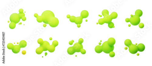 Acid green 3D morphing balls. Liquid blobs like lava lamp. Fluid 3D metaballs. Colorful vector illustration for cards, posters, advertising, flyers. Isolated on white background