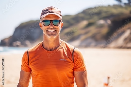 Portrait of a handsome man wearing sunglasses and cap at the beach