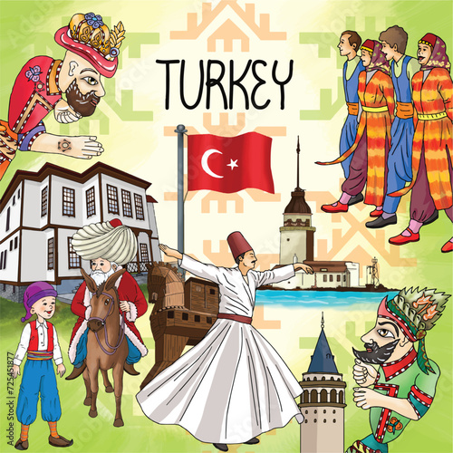 Türkiye social media post. Karagöz, Hacıvat, Halay, Konak, Maiden's Tower, Keloğlan, Nasrettin Hodja, Whirling Dervish, Galata Tower, Trojan horse. Turkish flag. photo