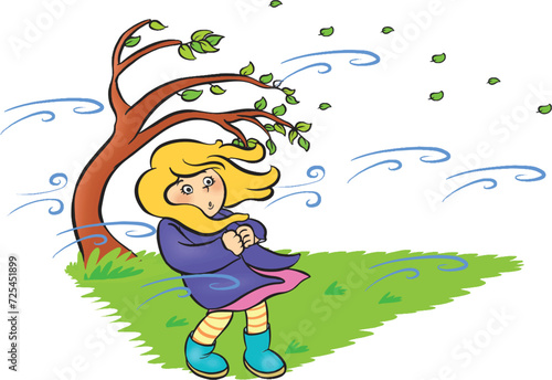 Little girl trying to walk in windy weather.