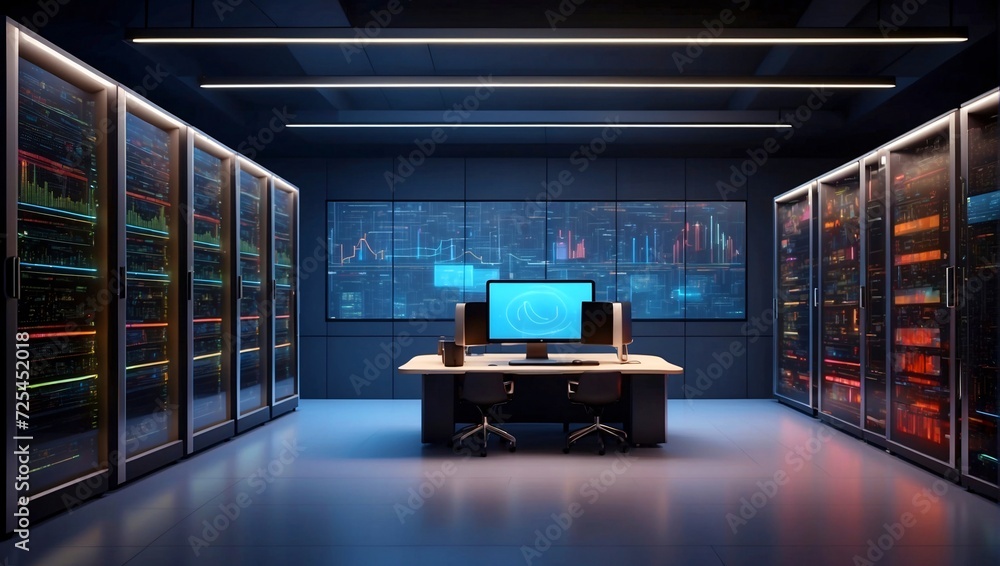 Obraz premium Data center and network devices in high performance operation. 