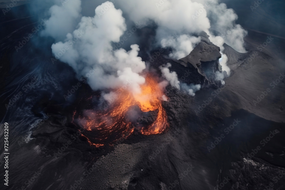Volcano mountain eruption with smoke and fiery lava, top view.