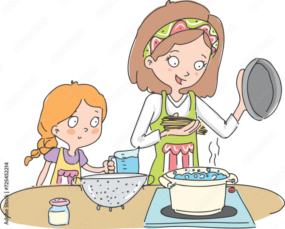 Girl Cooking with Her Mother in the Kitchen Girl Cooking with Her Mother in the Kitchen