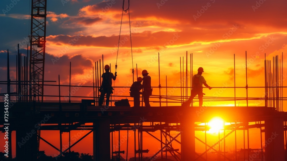 The silhouette of the construction workers in the construction site is very beautiful sunset.