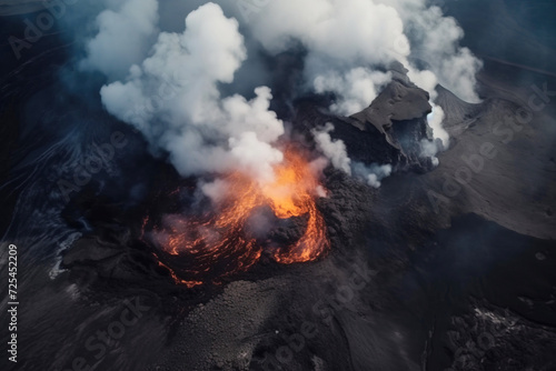 Volcano mountain eruption with smoke and fiery lava  top view.