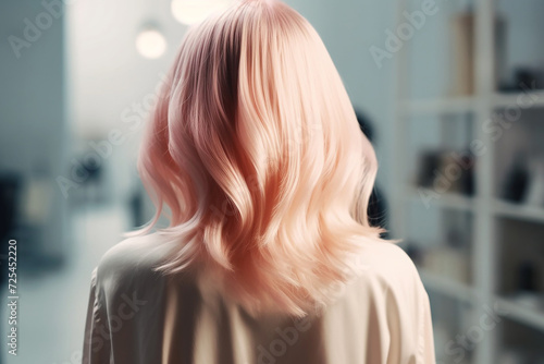 Woman hair back view on salon background. Female at hair studio. Hairstyling concept. Light pink blonde wavy short hairstyles. Beauty haircare studio. Style transformation at hairdresser hairstylist.