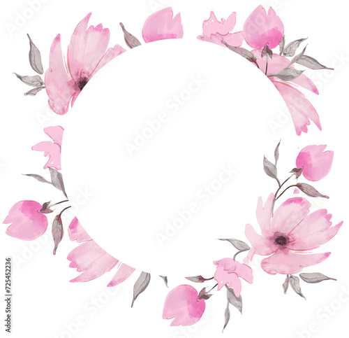 Pink flowers round frame. Floral PNG transparent background