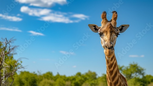 Captivating View of Giraffe Peering Over Treetops in Savannah. © Demo
