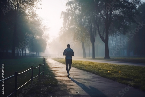 A man in sportswear on a morning jog in a park forest in the rays of the sun.
