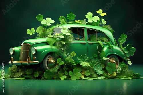 Lucky Green Vintage Car Cloaked in Shamrocks - A St. Patrick s Day Scene Generative AI