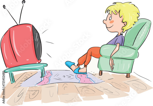 Watching TV. TV audience. TV program. TV Broadcast. Hand drawn cartoon vector illustration.