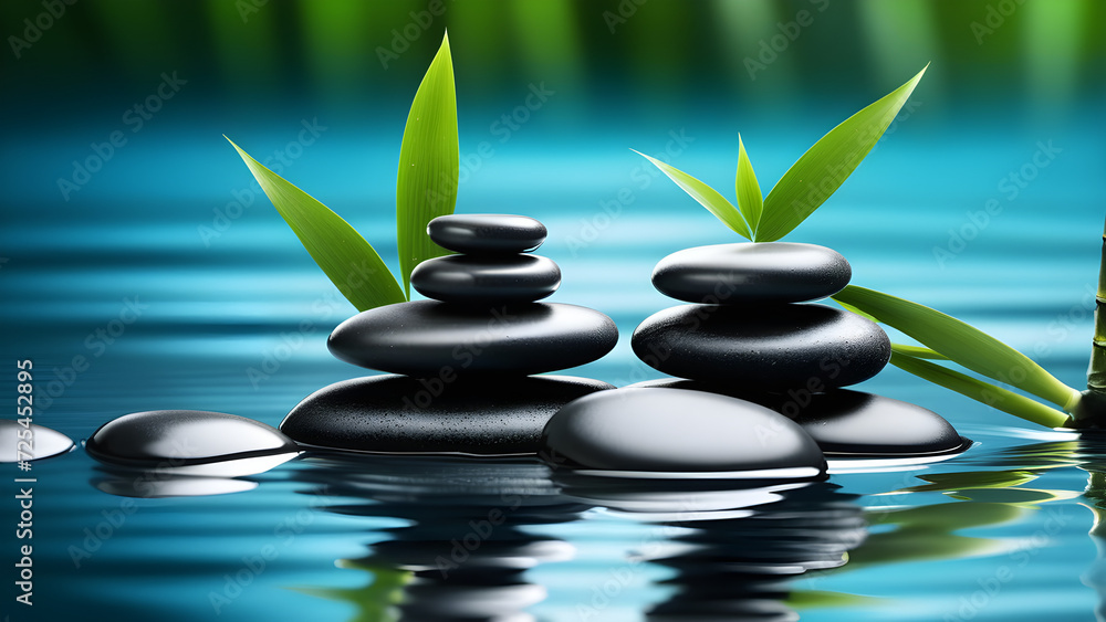 Zen stones pyramid on the water surface with green leaves over it Zen stones pyramid on the water surface with green leaves over it