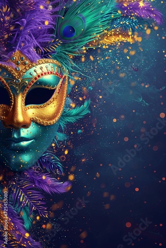 Mardi Gras Masquerade Banner with copy space. Carnival Mask in purple, green, and yellow with glitter and feathers. Vertical background for social media. AI Generative