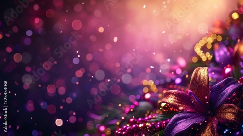 Lush Purple Flower Sparkles with Festive Energy Amidst Glittering Beads. Vibrant Mardi Gras Background. Celebratory Banner or Invitation. Bokeh backdrop. AI Generative © Tatsiana