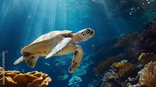 Graceful Sea Turtle Swimming in Vibrant Coral Reef AI Generated. © Demo