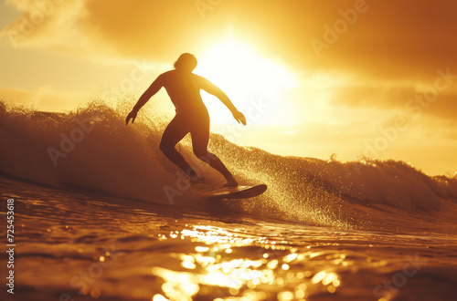 Summer sunset, ocean and surfer background for paradise, vacation and hobby. Beautiful, tropical and extreme sports wallpaper of a man with surfboard or backdrop for holiday, leisure and activity