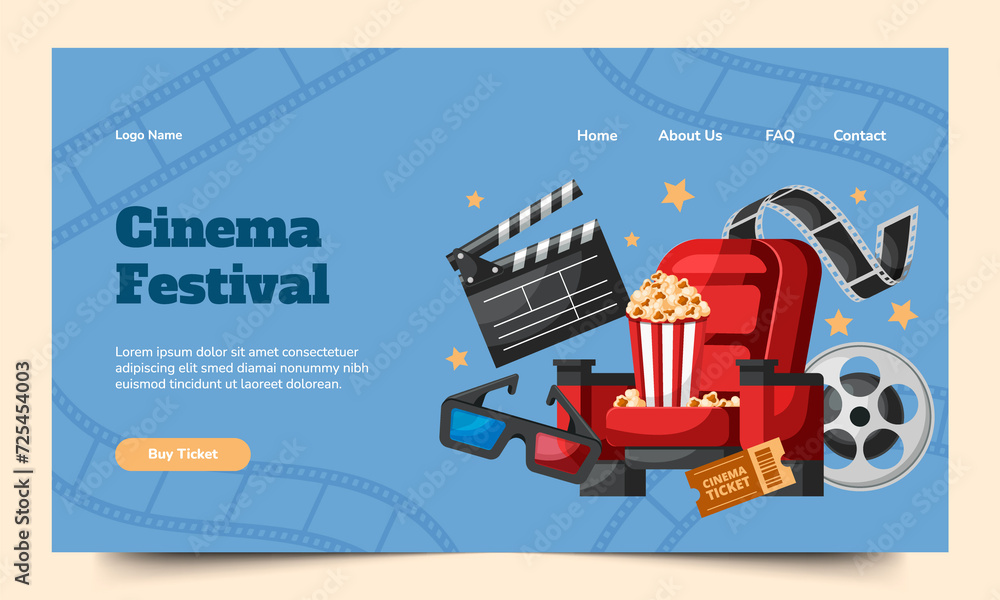 Fototapeta premium Hand drawn flat cinema landing page template with film elements