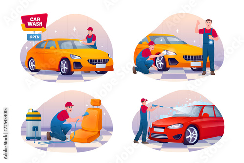 Car wash flat cartoon mini composition set