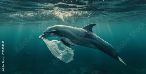 Ocean  sea and dolphin swimming underwater in clear water for tourism  holiday  adventure and travel. Blue  wildlife and nature scene with plastic for impact of pollution  environment and waste