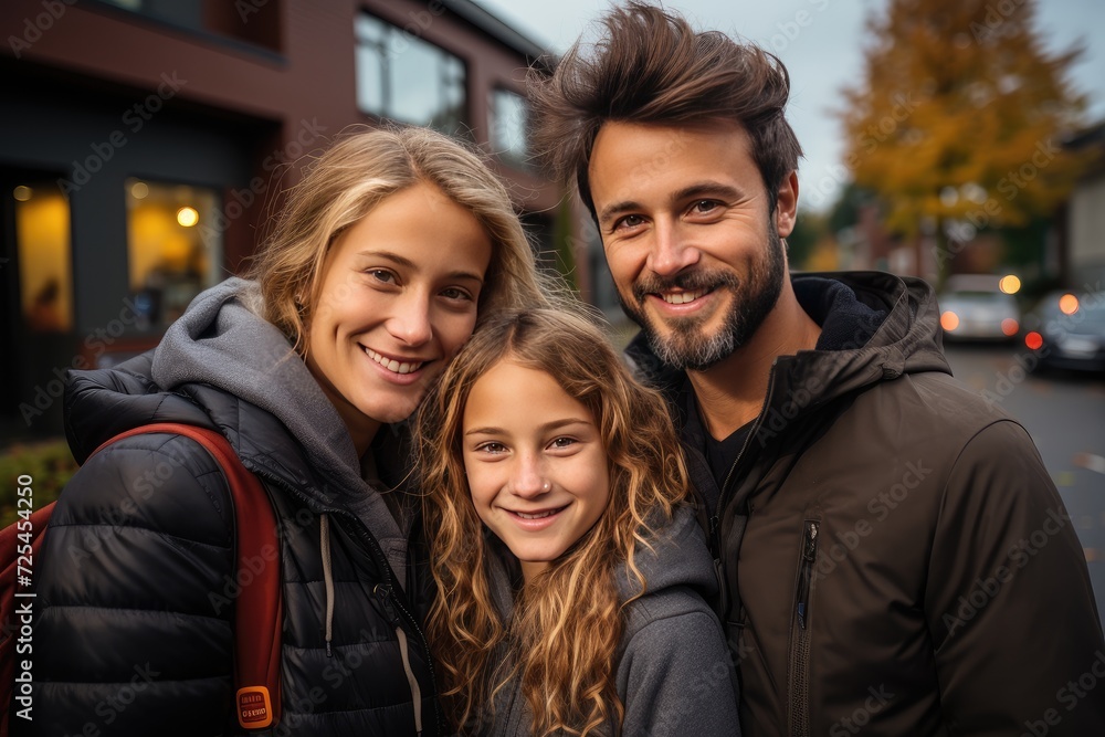 Happy family in front of newly purchased house. Home ownership, real estate and a life goal accomplishment concept Happy family in front of newly purchased house. Home ownership, real estate and a life goal accomplishment concept