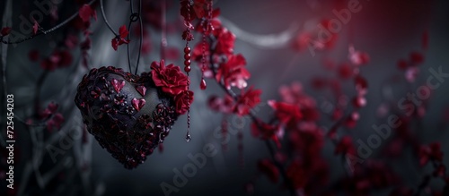 decorative black heart with dark wine red flowers and stones.