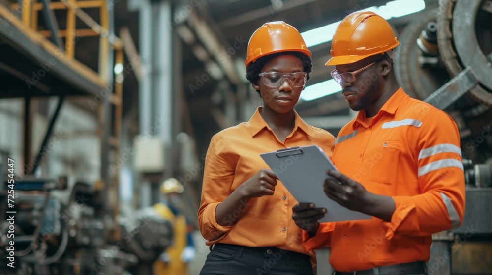 Two professional engineer, worker, technician use clipboard discuss work, walk in steel metal manufacture factory plant industry. Black African American man and woman wear hard hat check Two professional engineer, worker, technician use clipboard discuss work, walk in steel metal manufacture factory plant industry. Black African American man and woman wear hard hat check