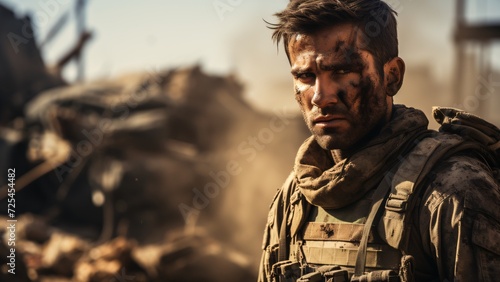 Portrait of a Lone Soldier in the Warzone: Courage Amidst Conflict