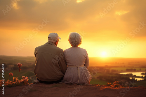An elderly couple who have lived together for many years meets the dawn sitting on top of a hill © mrkotov
