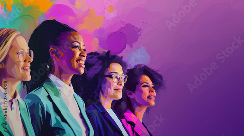 Happy International Women's day illustration, group of happy diverse women in suits of different races photo