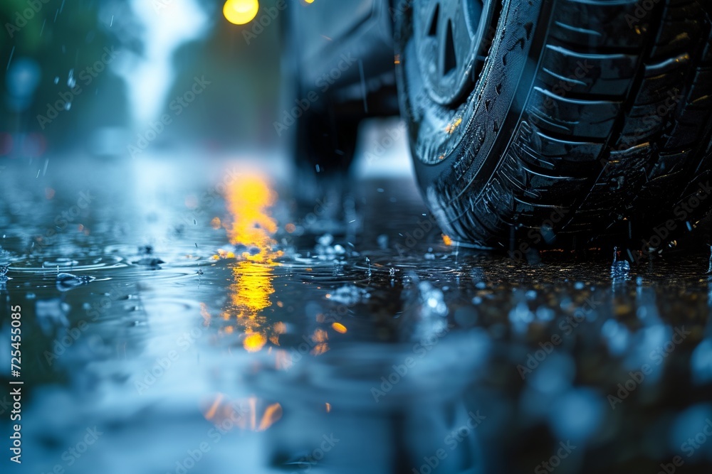 An action-packed shot of car tires handling a rainy obstacle course, highlighting their control and grip on wet surfaces, with dynamic water splashes An action-packed shot of car tires handling a rainy obstacle course, highlighting their control and grip on wet surfaces, with dynamic water splashes