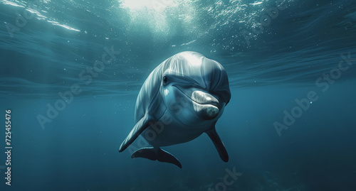 Ocean  sea and dolphin swimming underwater in clear water for tourism  holiday adventure and travel. Blue  peaceful and beautiful scene of wildlife in their habitat for environment and eco system