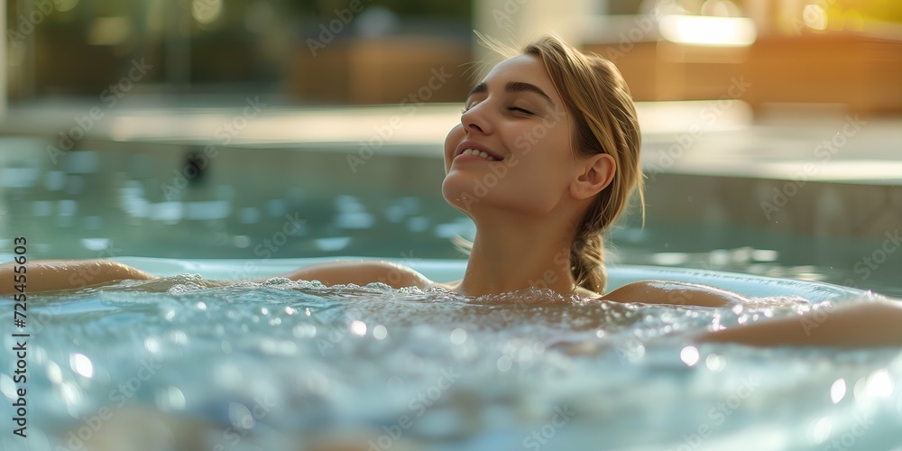 Beautiful young woman relaxing in bathtub at spa resort, closeup