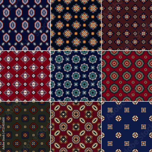 Geometric floral paisley mandala mosaic vintage vector seamless pattern collection for necktie kerchief fabric