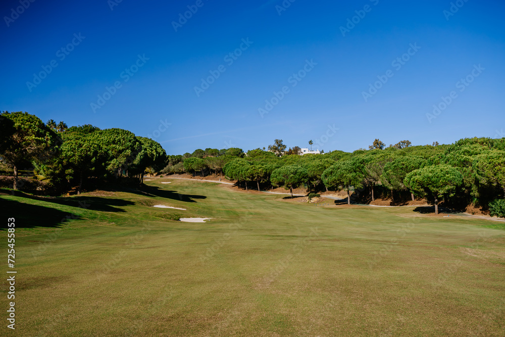 Sotogrante, Spain - January 25, 2024 - A spacious golf course fairway bordered by trees with a clear blue sky above.