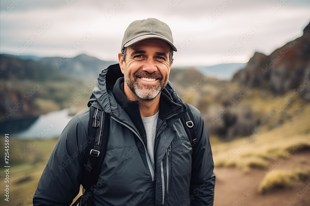 Portrait of a smiling senior man standing in the mountains and looking at camera Portrait of a smiling senior man standing in the mountains and looking at camera