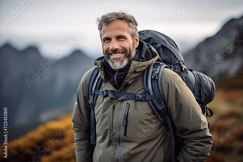 Portrait of a smiling senior man with a backpack standing on a mountain trail.
