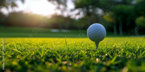 Golf ball on green grass ready to be shot into the hole