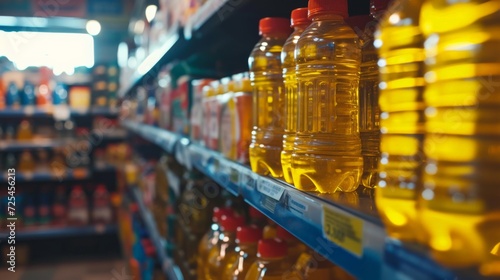 vegetable oil in plastic bottle , palm oil in store © Sasint