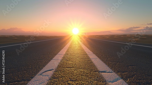 3D rendering of empty road towards rising sun. Light reflection on asphalt surface. For automobile advertising background. Path leading line and large copy space area 