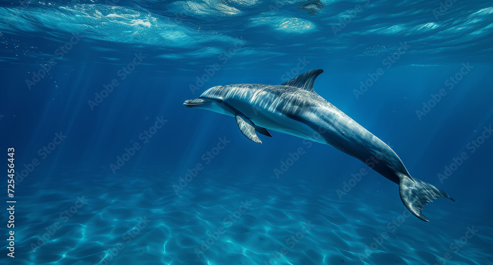 Fototapeta premium Ocean, sea and dolphin swimming underwater in clear water for tourism, holiday adventure and travel. Blue, peaceful and beautiful scene of wildlife in their habitat for environment and eco system