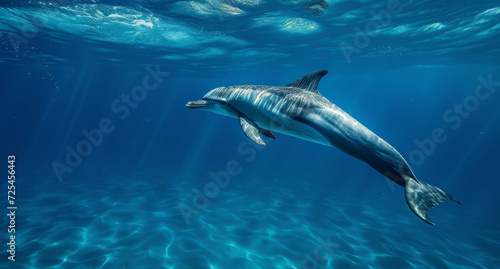 Ocean, sea and dolphin swimming underwater in clear water for tourism, holiday adventure and travel. Blue, peaceful and beautiful scene of wildlife in their habitat for environment and eco system © MalamboBot/Peopleimages - AI