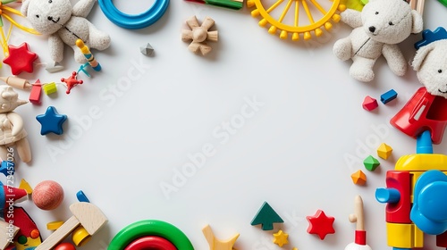 Baby kids toys frame. Set of colorful educational wooden and fluffy toys on white background. Top view, flat lay, copy space for text photo